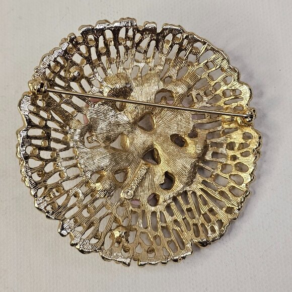 Sarah Coventry Domed Gold Tone Brooch Pink Cabochons Green Rhinestone Faux Pearl - Picture 2 of 7